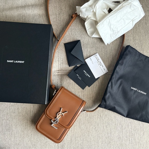 Saint Laurent Tan fox brown Leather YSL solferino phone holder silver mini bag - Picture 1 of 15